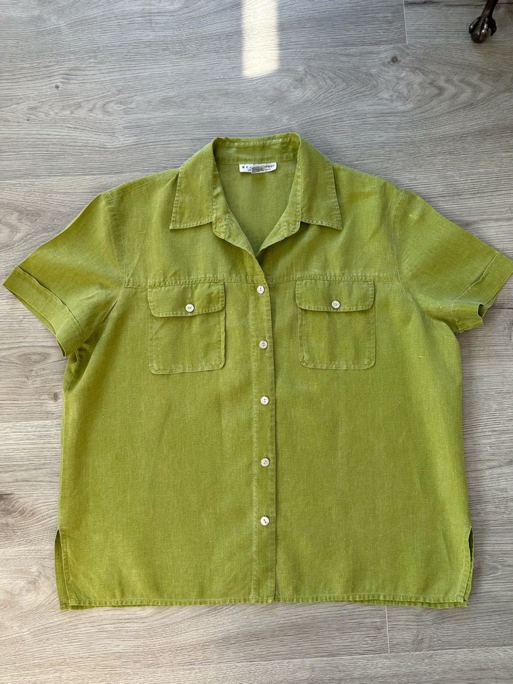 Saks Fifth Avenue Real Clothes 100% Linen Oversized Shirt XL Olive Green Vintage